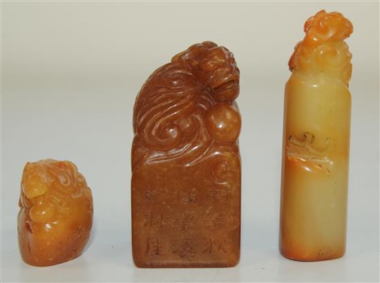 Three Chinese stone seals, 6.3 x 1.8cm (3)